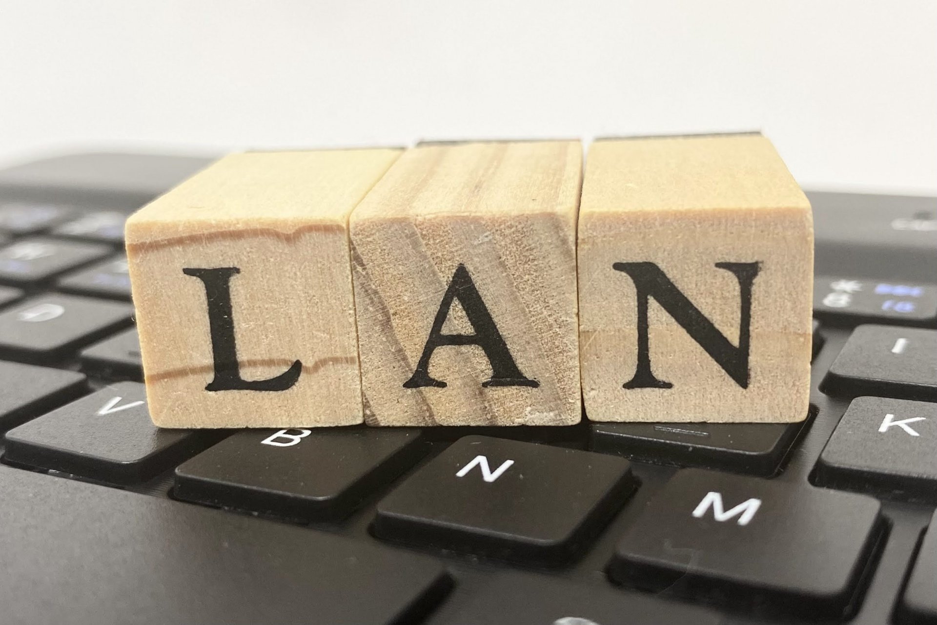 木製のアルファベットブロックで表現された『LAN』の文字