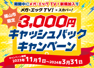 メガ・エッグ TV！新規加入で3,000円キャッシュバック！！