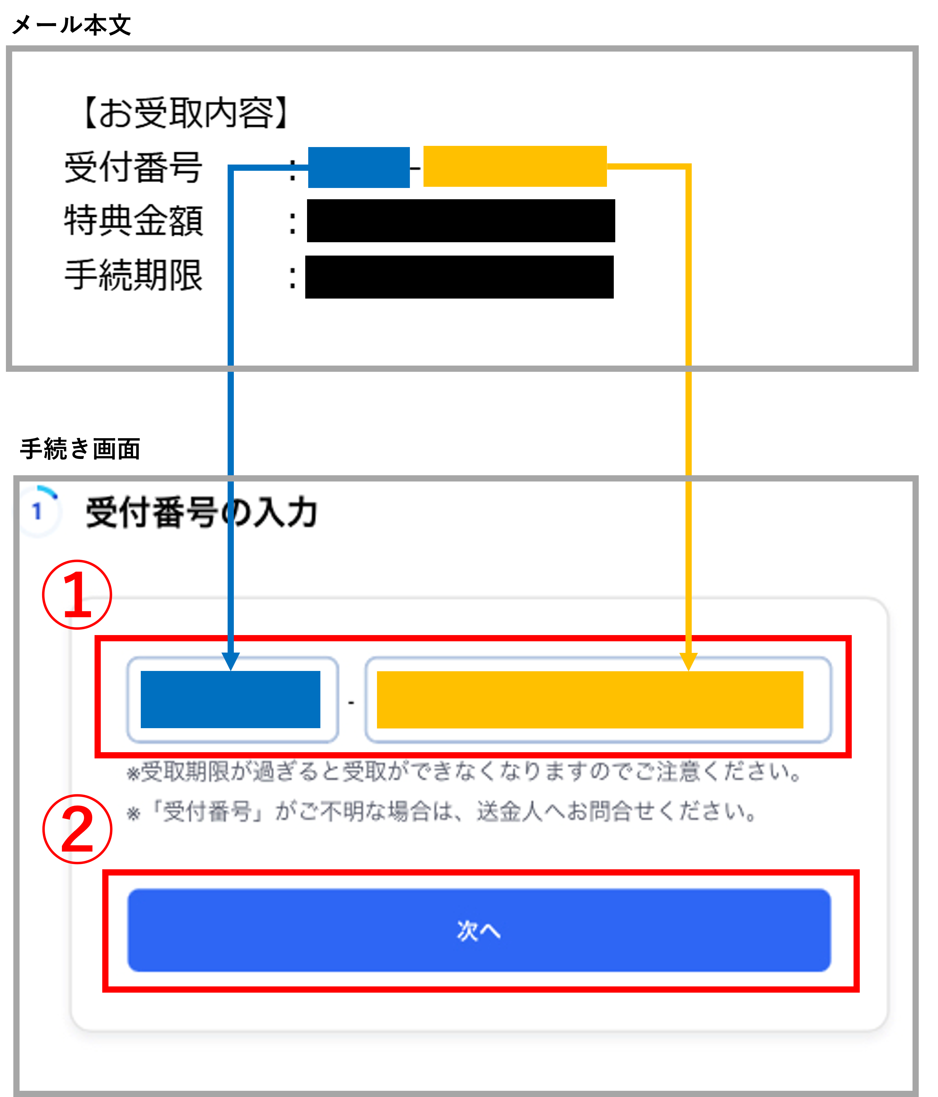 メール本文内に記載の受付番号を入力