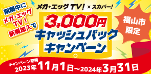 メガ・エッグ TV！新規加入で3,000円キャッシュバックキャンペーン