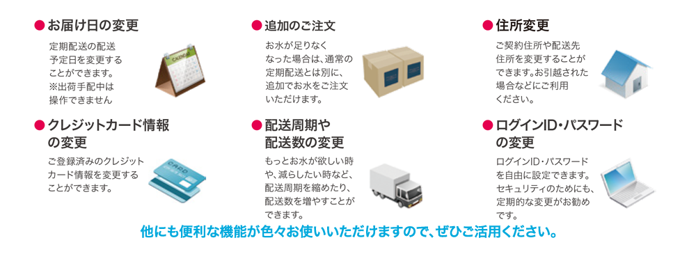 ●お届け日の変更 ●追加のご注文 ●住所変更 ●お届け周期や配送数の変更 ●ログインID・パスワードの変更